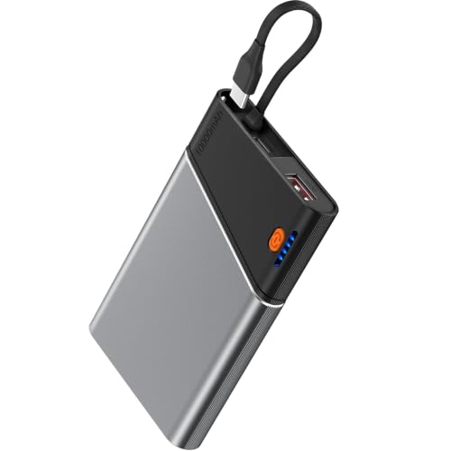 Aaoyun 10000mAh Portable Power Bank, 22.5W PD Fast Charging Battery Pack with Built-in USB-C Cable, Ultra-Slim External Phone Charger for iPhone 17/16/15, Samsung Galaxy S24, Android (Grey)