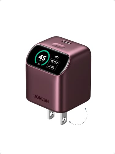 UGREEN Nexode Pro 45W USB‑C GaN Charger Block Smart Display, Burgundy | Foldable Plug, 180° Rotatable Touch‑Screen, Fast Charging Wall Charger for iPhone 18/17/16, Galaxy S26, MacBook, Steam Deck