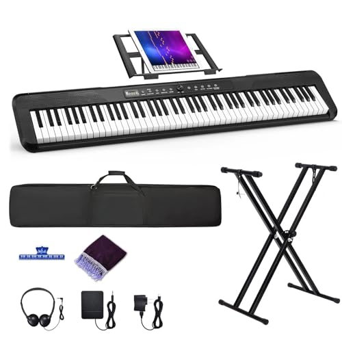 88 Key Piano Keyboard, Electric Digital Piano with Semi Weighted Keys, Keyboard Piano with Sustain Pedal, Power Supply, Stand, Carrying Case, Headphones, USB-MIDI Compatibility, for Beginner Adults